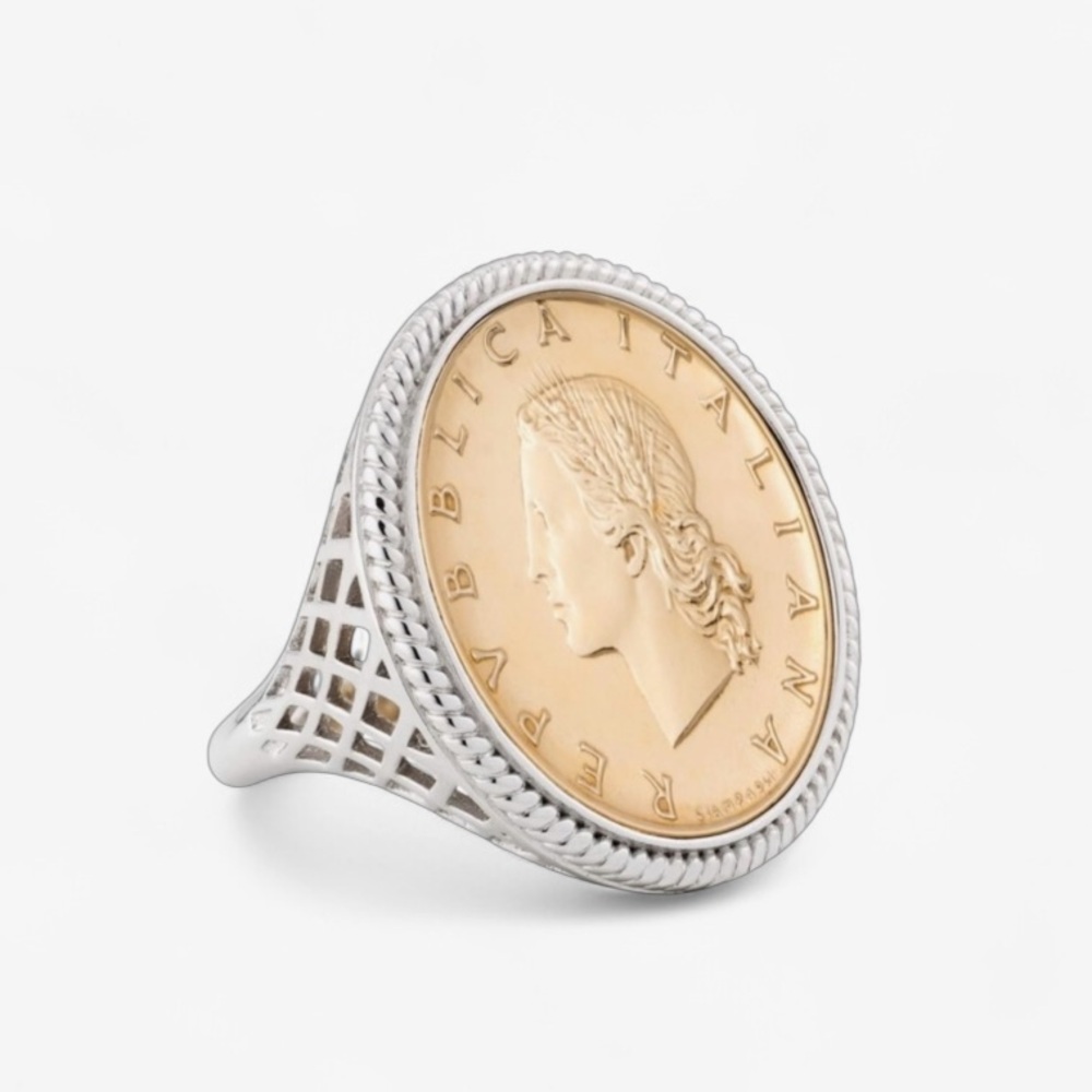 Italian 925 Sterling Silver Genuine 20-Lira Coin Rope Ring for Women